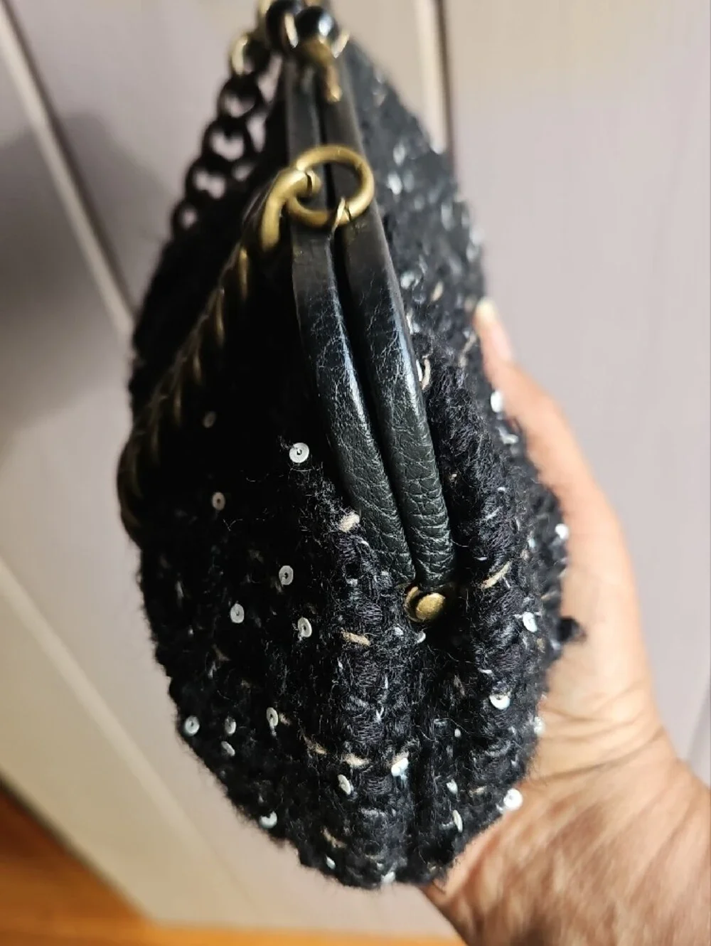 J. Crew Black Sequin Tweed Clutch with Burnished Chunky Gold Chain
